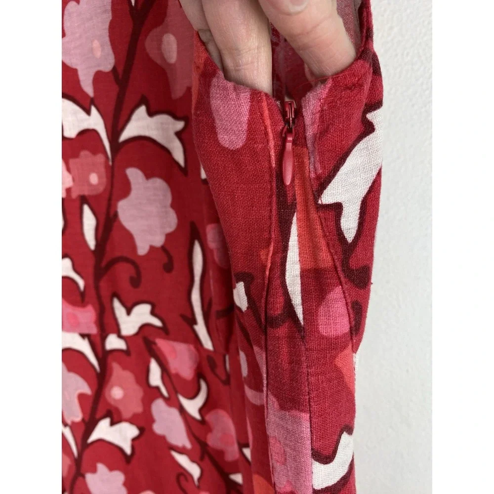 Rhode Womens 12 Red Pink White Floral Sleeveless Linen Blend Ruffle Sheath Dress